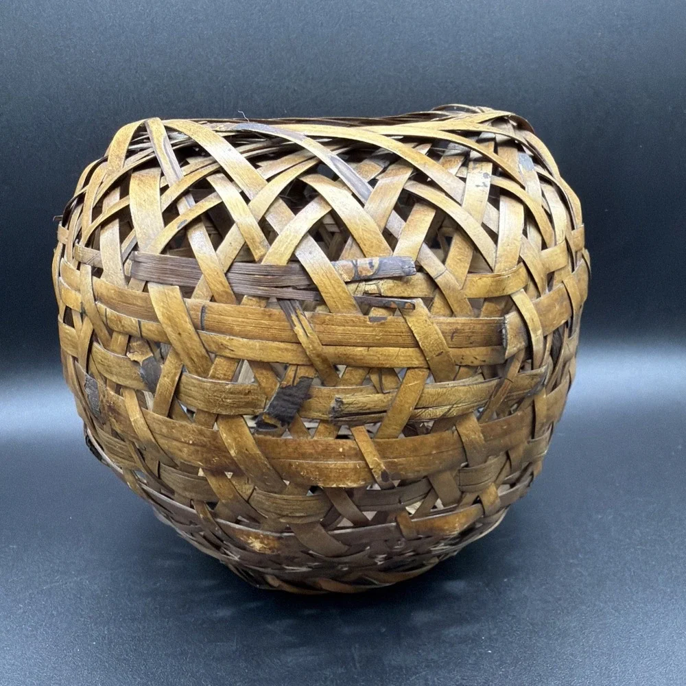 Vintage Asian Hand Woven Bamboo Natural Wood Basket 6.5